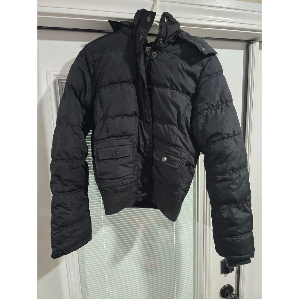 Aeropostale Womens Black Puffer Bomber Jacket Faux Fur Hood RN125889 Size Medium